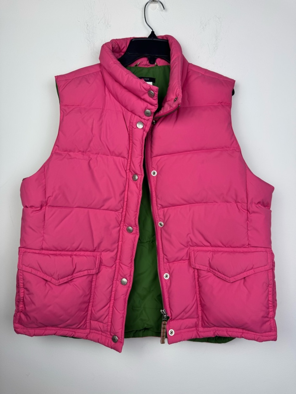 J. Crew Pink Puffer Vest with Green Lining Size XL Vintage